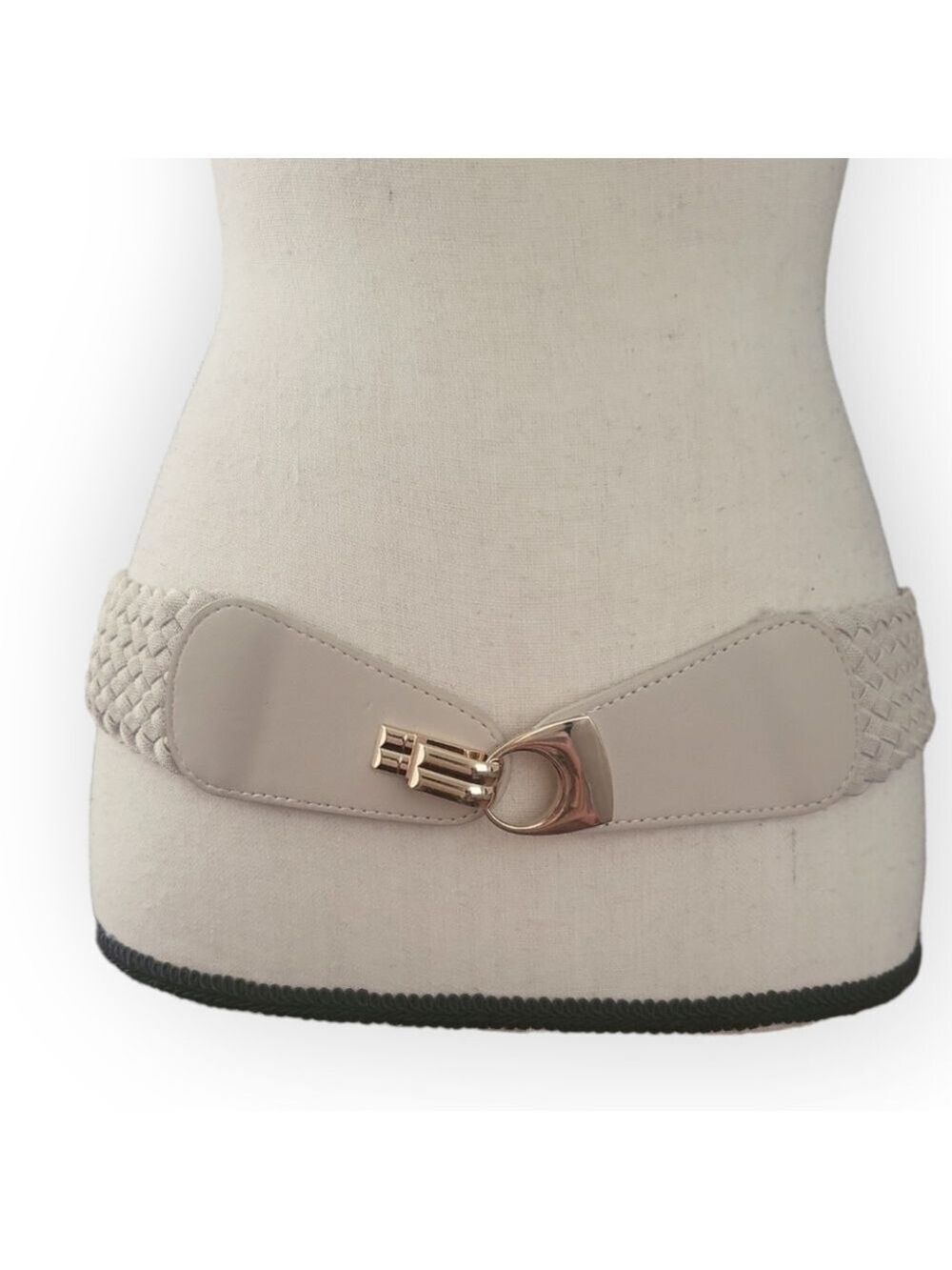 Daniel Friedman NY Bone Shoelace Braided Fabric Front Buckle Stretch Belt ML NWT